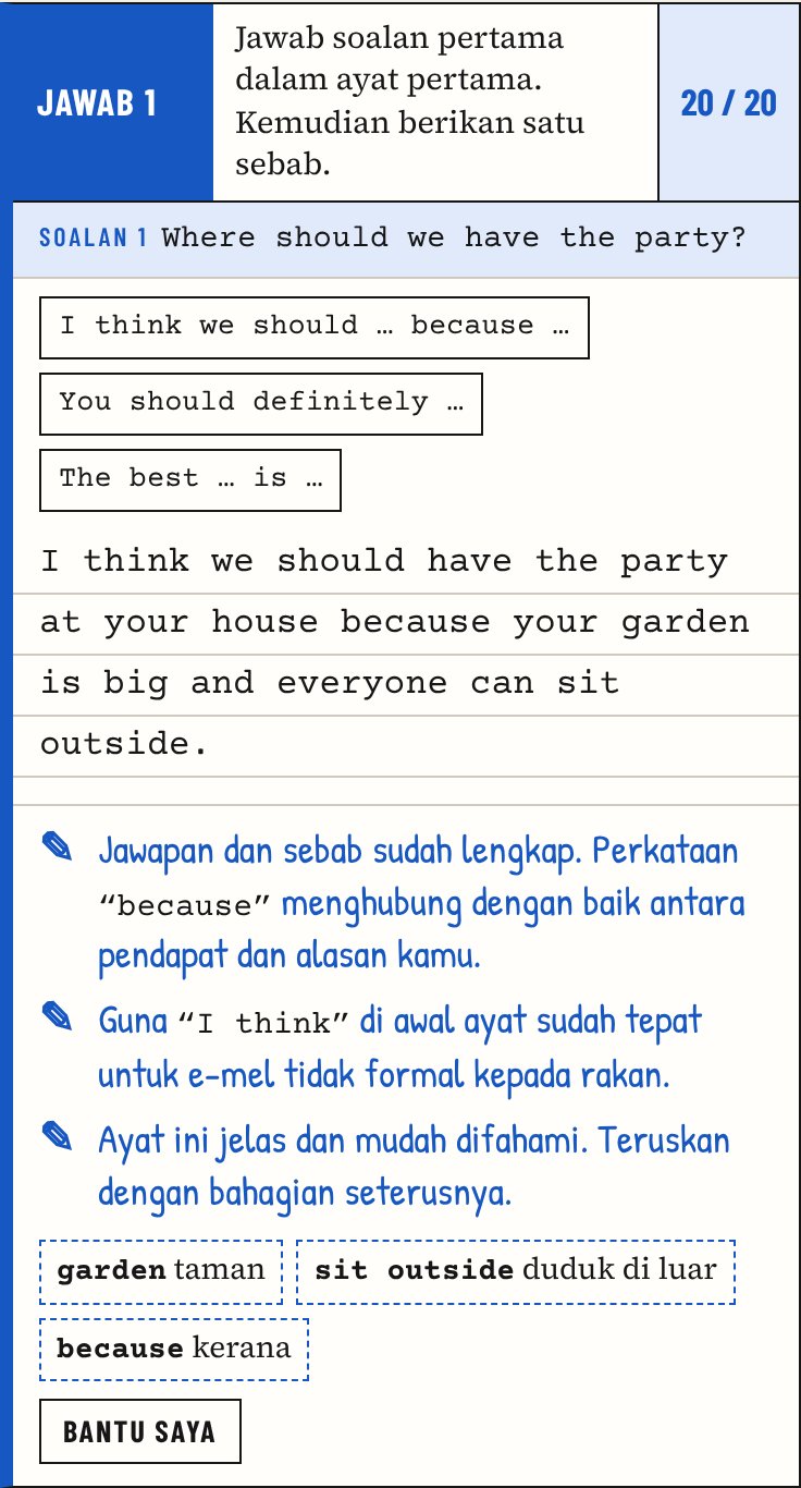 Petunjuk jurulatih AI dan kosa kata selepas menekan Bantu saya